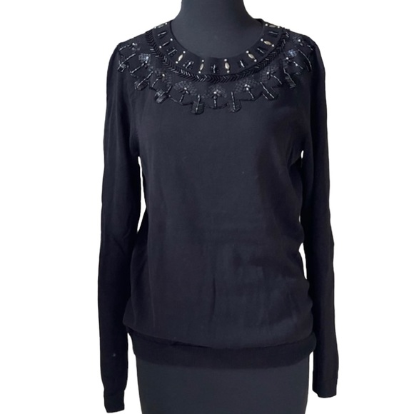 Talbots RSVP Black Beaded Sequin Crew Neckline Sweater Sz M Soft Knit - Picture 3 of 13